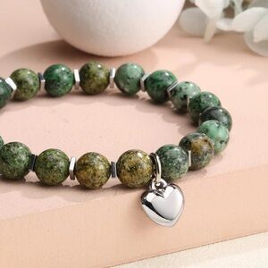 Jade Beaded Bracelet with Silver Heart Charm